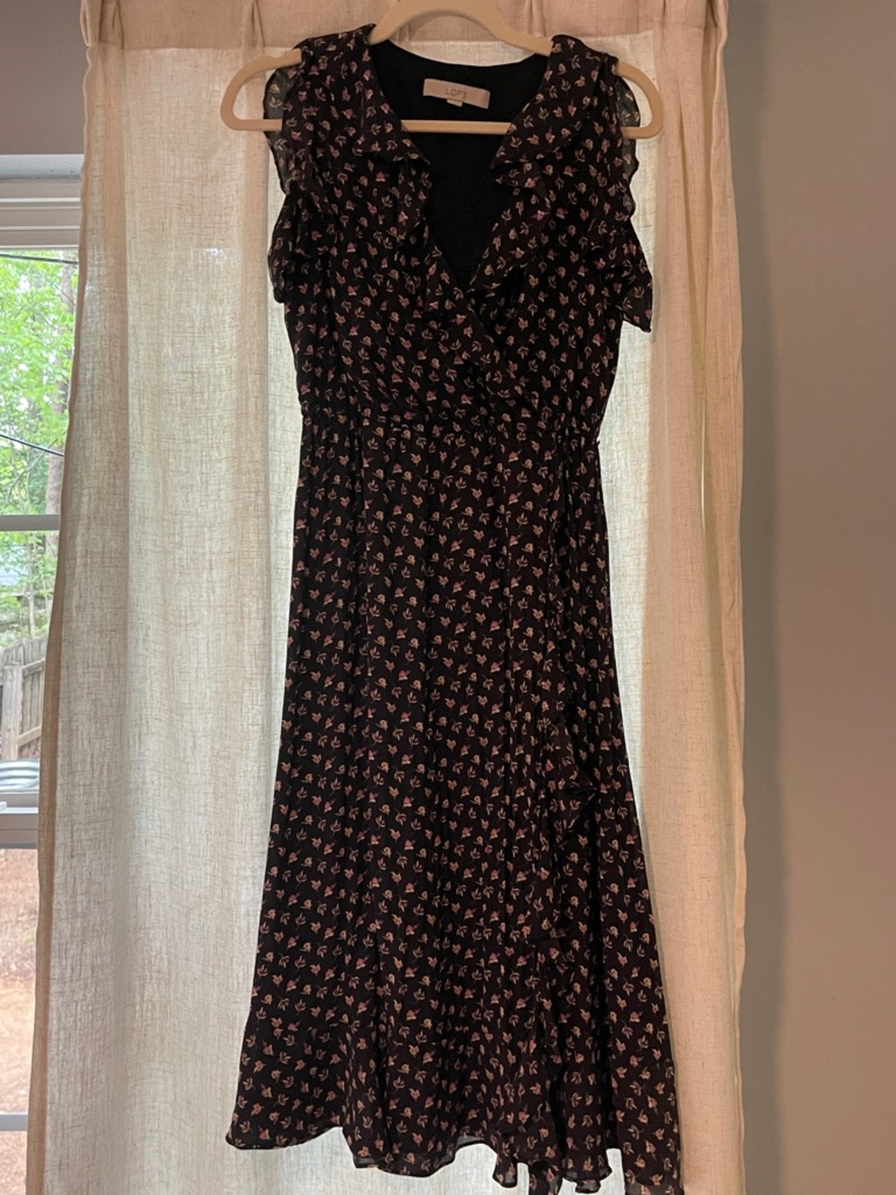 LOFT Black Midi Dress with Pink Floral Ruffle Wrap